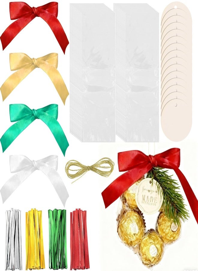 Dansydaisy 100 Sets Christmas Wreath Making Cellophane Bag Clear Plastic Bags Bulk with Candy Gold Bow Twist Tie Hang Tag and Thread Xmas DIY Candy Chocolate Wrapping for Party Favor - Image 1